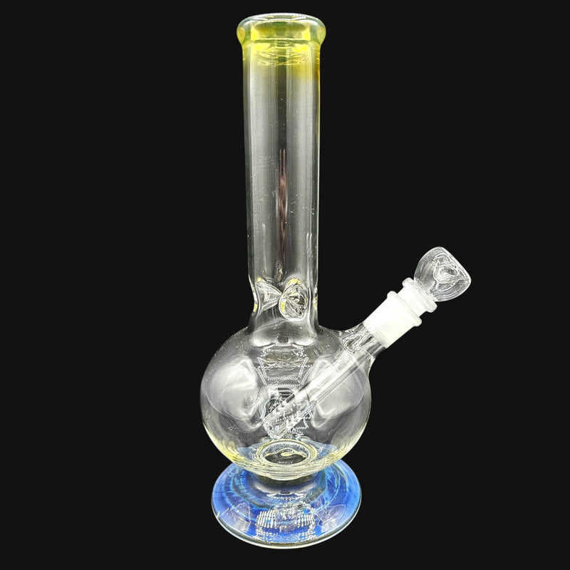10.5-inch silver fumed glass water pipe with a clear round base and matching glass bowl piece.