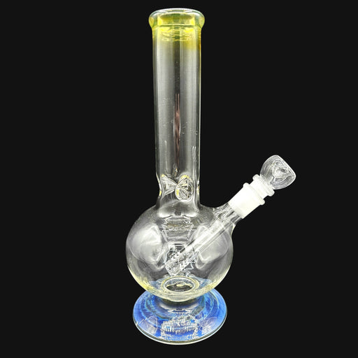 10.5-inch silver fumed glass water pipe with a clear round base and matching glass bowl piece.