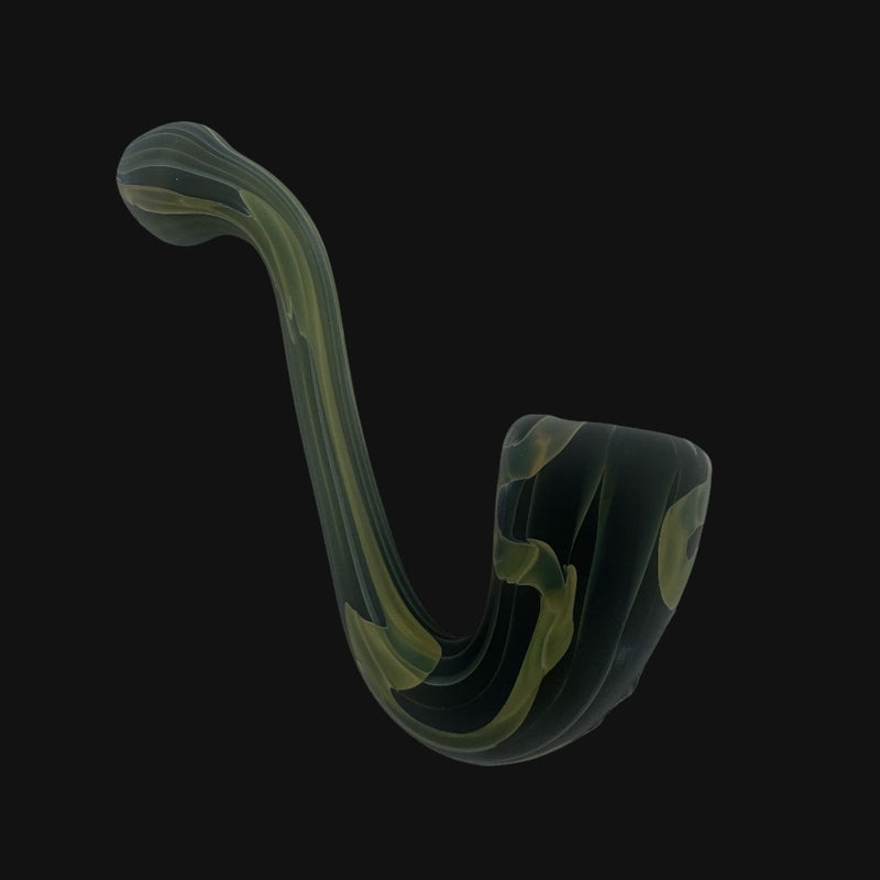 SandMan glass sherlock pipe featuring a dark green and tan swirled marble pattern