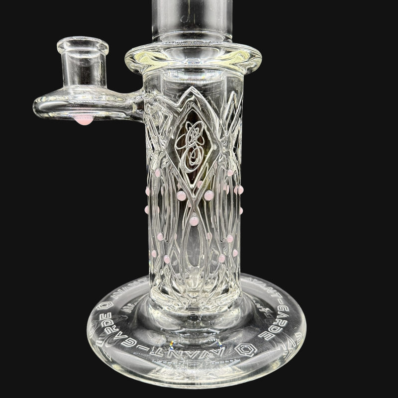 710 Pipes Avant-Garde Clear Elementum Membrane Tube with pink accents, 16.5-inch tall glass water pipe with intricate detailing and 8-hole percolator.
