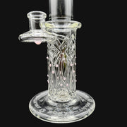 710 Pipes Avant-Garde clear glass water pipe with pink accents and intricate detailing. Features a wide base for stability.