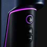 Close-up of the Dr. Dabber Switch GO vaporizer, showing the power button with a flame icon and +/- buttons, illuminated by purple LED lighting.