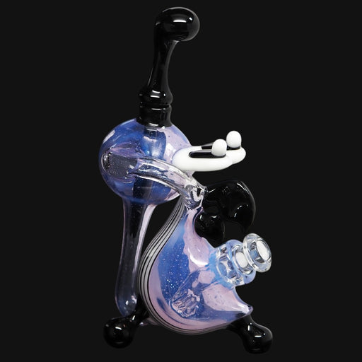 710 Pipes Smoke Shop Lee Machine Yoshi Recycler rig with linework design, blue galaxy glass, and black accents. Includes dabber.