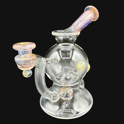 710 Pipes Smoke Shop AF Accented Geyser Rig, 6-inch clear glass dab rig with 10mm joint and pink/blue accents.