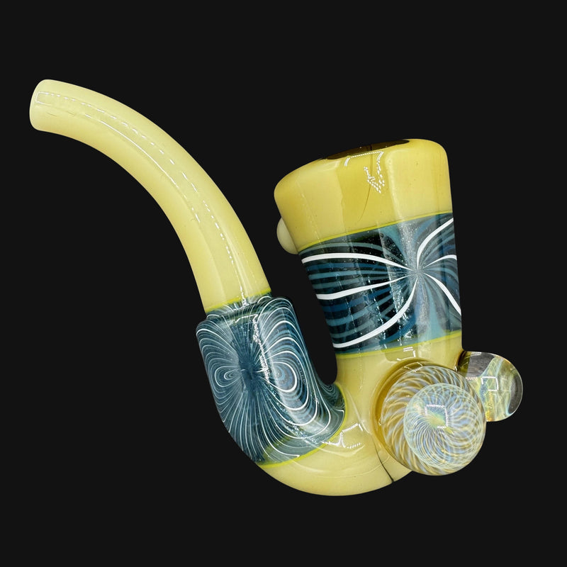 710 Pipes Smoke Shop AF Glassworks fully worked Sherlock pipe in yellow with blue and white swirl accents and marble feet.