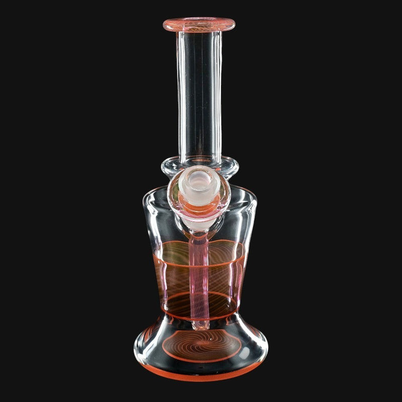 710 Pipes Smoke Shop AF Glassworks Accented Flask Rig, clear glass with pink and orange accents and swirl design.