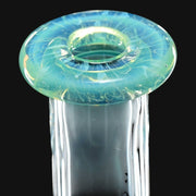 AF Glassworks Accented Flask Rig by 710 Pipes Smoke Shop. Teal and yellow accented glass rig with swirling white details.