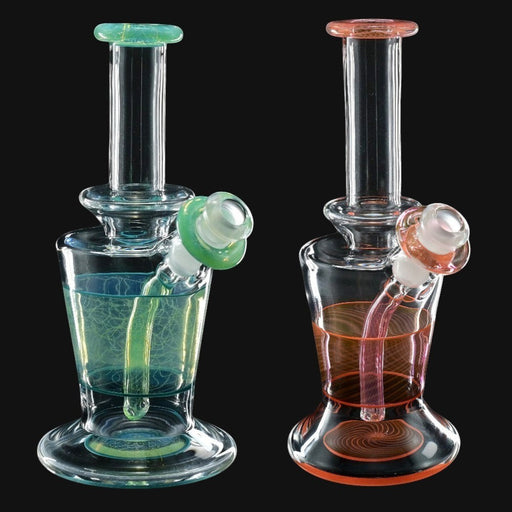 710 Pipes Smoke Shop AF Glassworks Accented Flask Rig in green and orange glass with intricate swirl designs.