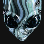 710 Pipes Smoke Shop Ghost Glass alien head pendant with blue and white swirl switchback glass and dark opal eyes.