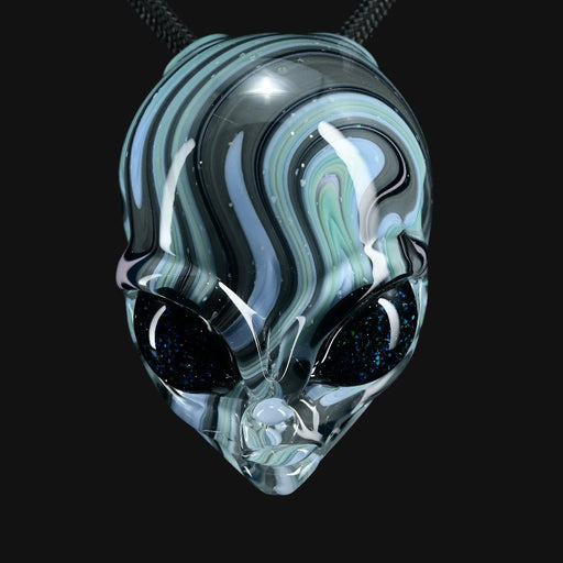 710 Pipes Smoke Shop Ghost Glass alien head pendant with swirling blue and grey switchback patterns and dark eyes.
