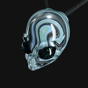 710 Pipes Smoke Shop Ghost Glass alien head pendant with blue and grey swirl switchback patterns and dark glitter eyes
