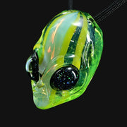 710 Pipes Smoke Shop Ghost Glass alien head pendant with green striped glass and shimmering moon opal eye detail.