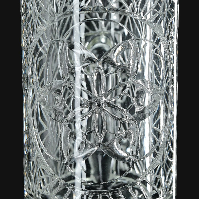 710 Pipes Smoke Shop Avant-Garde Clear Classic Columnar glass bong with intricate etched butterfly design.