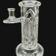 710 Pipes Smoke Shop Avant-Garde clear glass columnar water pipe with intricate etched design and integrated percolation.