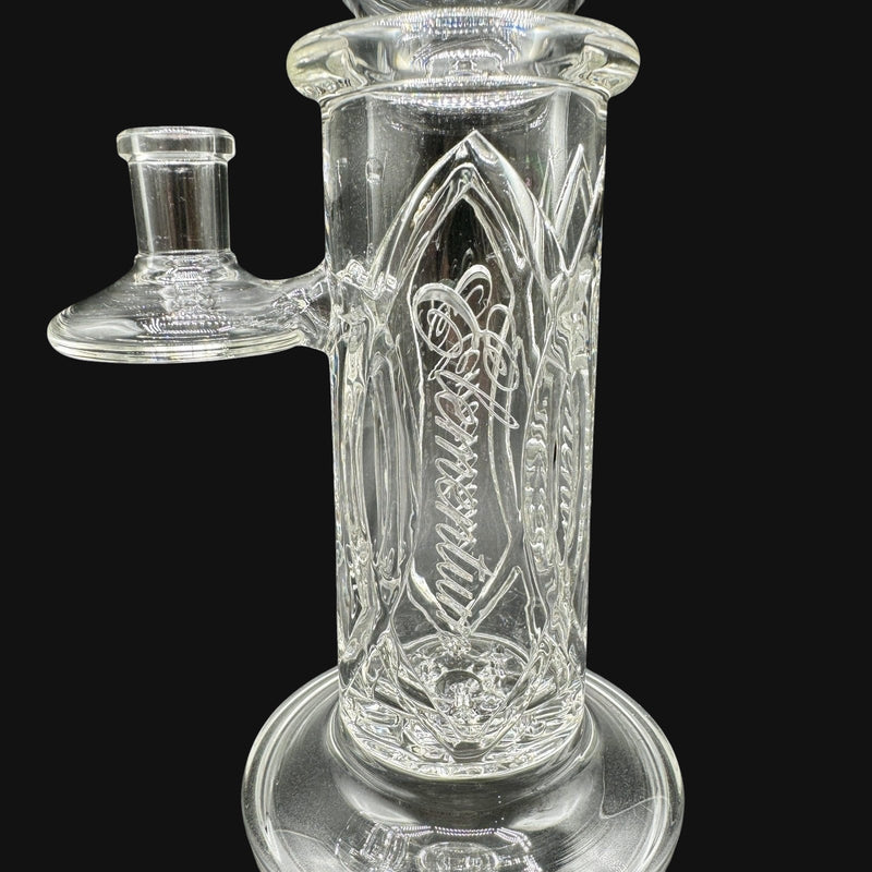 710 Pipes Smoke Shop Avant-Garde clear glass columnar water pipe with intricate etched design and integrated percolation.