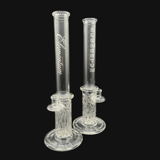 710 Pipes Smoke Shop Avant-Garde clear glass tube with intricate etched design and "Elementum" logo.