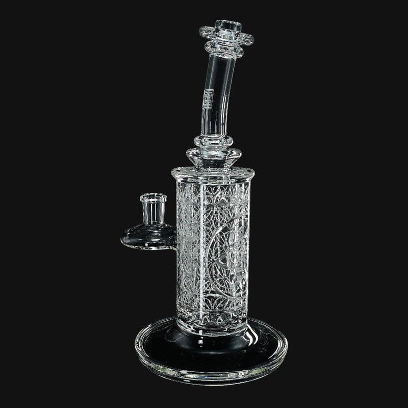 710 Pipes Smoke Shop Avant-Garde Clear Classic Columnar glass water pipe with intricate etched design and integrated percolation.