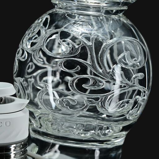 Avant-Garde Deco Orb Fila Peak Top #2 by 710 Pipes Smoke Shop, featuring intricate clear glass filigree and orb design.
