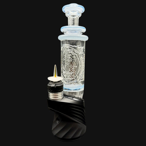710 Pipes Smoke Shop Avant-Garde UV Accent Steal Your Columnar Peak Top #1, clear glass with blue accents and Steal Your Face logo.