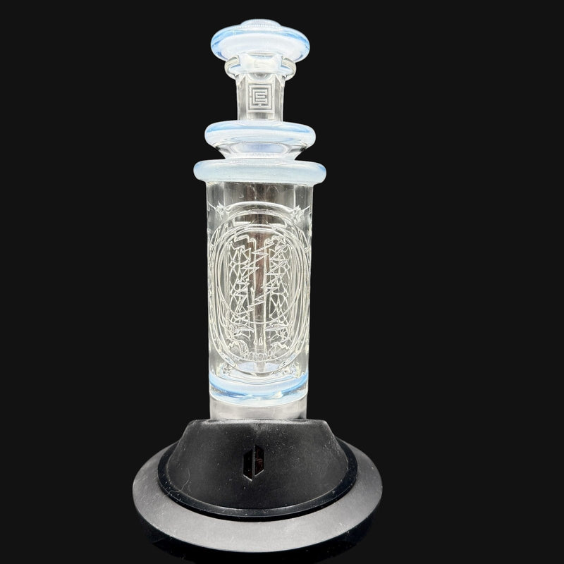 710 Pipes Smoke Shop Avant-Garde UV Accent Steal Your Columnar Peak Top #1, clear glass wet top with blue accents and Steal Your Face logo.