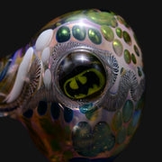 710 Pipes Smoke Shop Matty White ISO worm spoon glass pipe featuring a detailed Batman milli inlay and iridescent finish