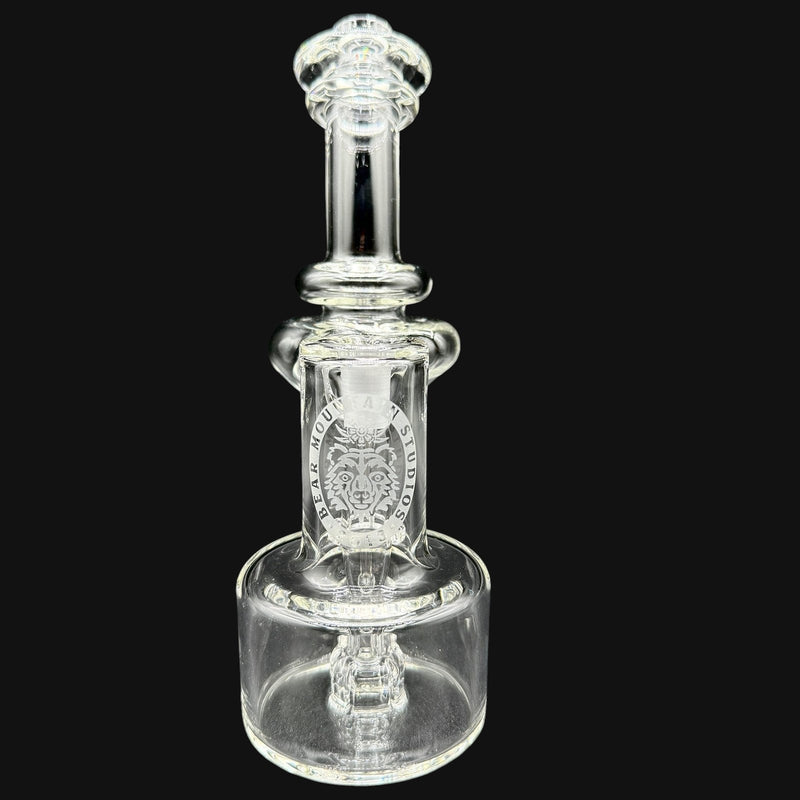 710 Pipes Smoke Shop clear glass Bear Mountain Studios Mini DD RBR dab rig with etched bear logo and bubble cap.
