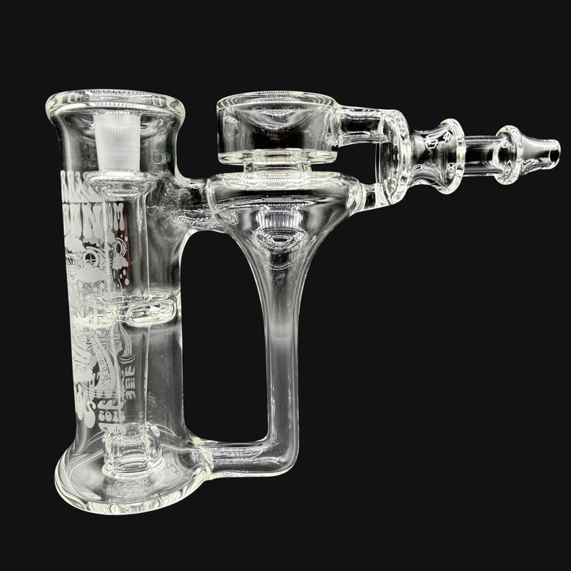 Clear glass water pipe by Bear Mountain Studios with intricate etched designs and a 14mm joint.