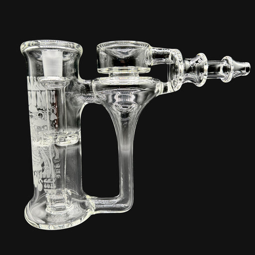 Clear glass water pipe by Bear Mountain Studios with intricate etched designs and a 14mm joint.
