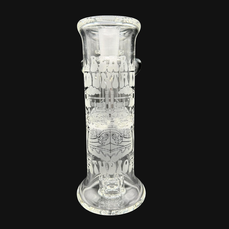 710 Pipes Smoke Shop clear glass RTH water pipe with etched ship and cloud design. 14mm joint.