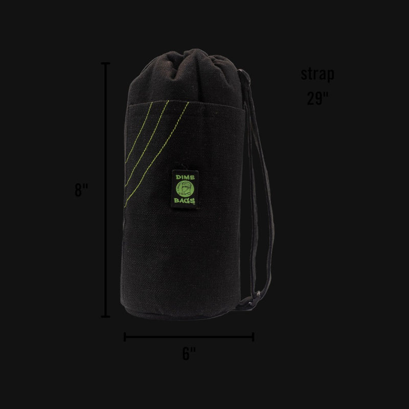 710 Pipes Smoke Shop black Dime Bags 18-inch padded drawstring tube with shoulder strap and green accent stitching.