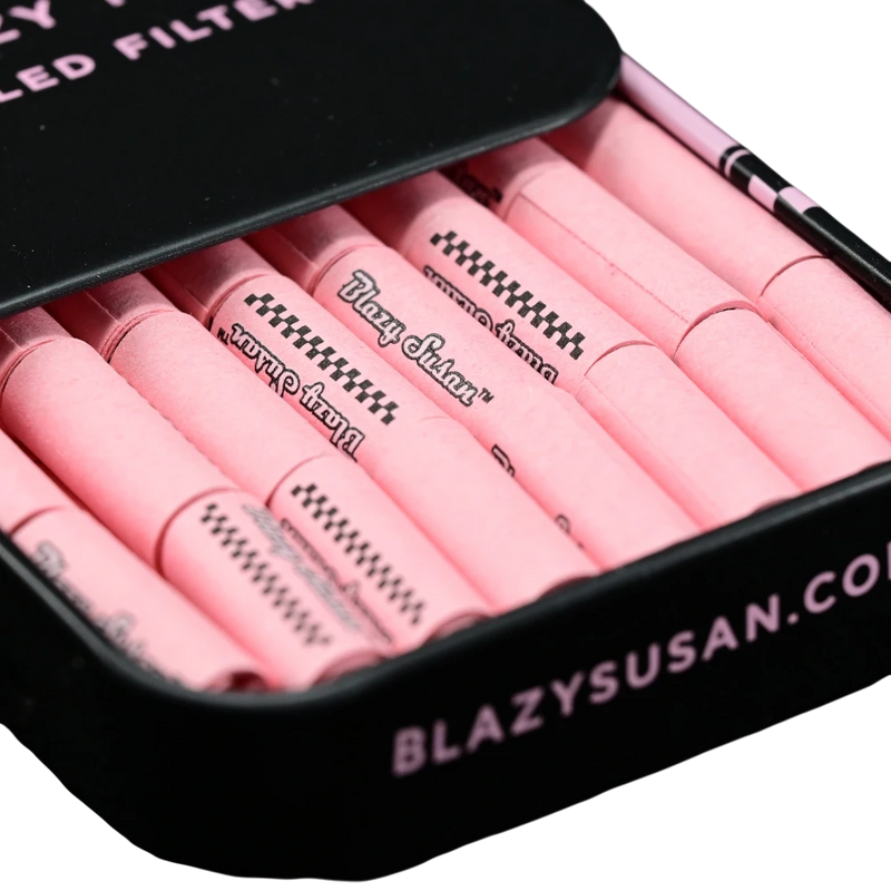 710 Pipes Smoke Shop Blazy Susan pink pre-rolled paper tips in a black storage tin