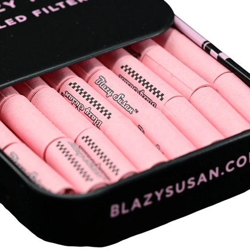 710 Pipes Smoke Shop Blazy Susan pink pre-rolled paper tips in a black storage tin