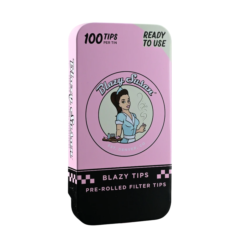 710 Pipes Smoke Shop Blazy Susan pink metal tin containing 100 pre-rolled filter tips with pin-up girl branding.