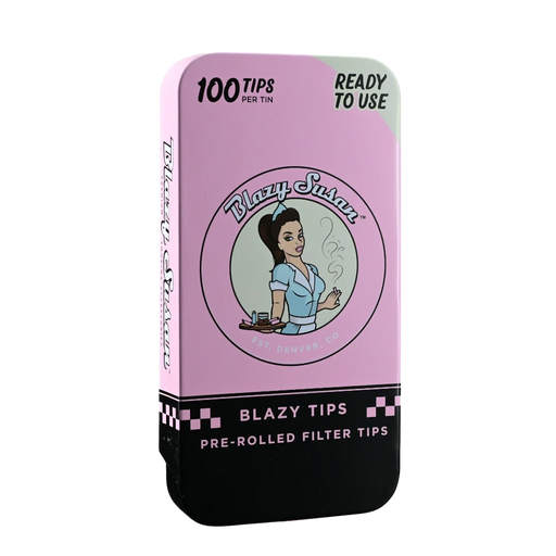710 Pipes Smoke Shop Blazy Susan pink metal tin containing 100 pre-rolled filter tips with pin-up girl branding.