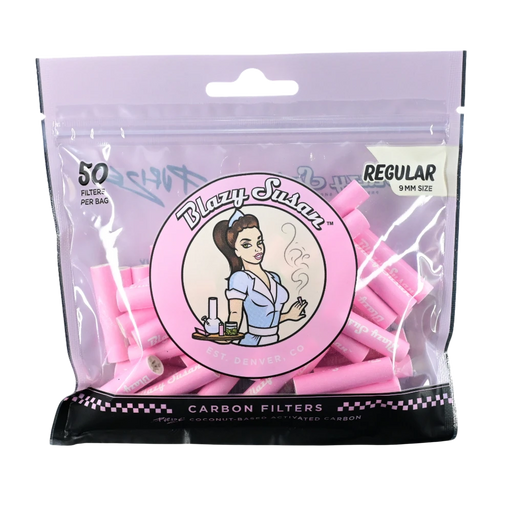 710 Pipes Smoke Shop Blazy Susan x Purize 9mm pink activated carbon filter tips in a 50-count resealable bag.