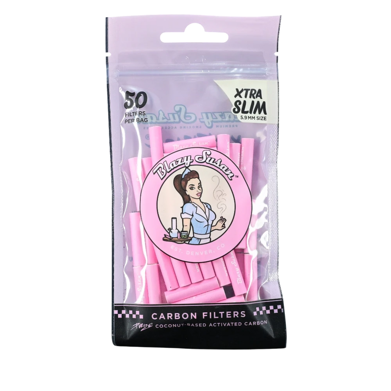 710 Pipes Smoke Shop Blazy Susan x Purize pink extra slim activated carbon filter tips in a 50-count bag.