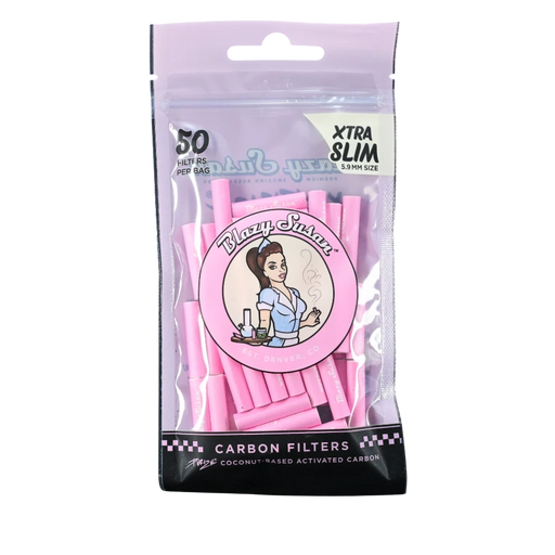 710 Pipes Smoke Shop Blazy Susan x Purize pink extra slim activated carbon filter tips in a 50-count bag.