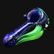 710 Pipes Smoke Shop Blossom Dichro Spoon with iridescent blue glass and bright green accents.