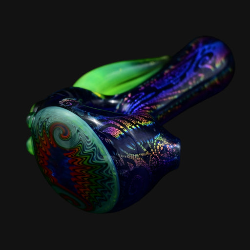 710 Pipes Smoke Shop Blossom Dichro Spoon with green accents and colorful dichroic glass patterns.