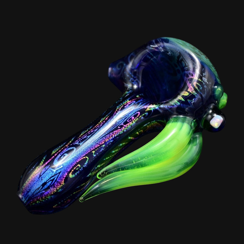 710 Pipes Smoke Shop Blossom Dichro Spoon with iridescent swirls and a bright green accent.