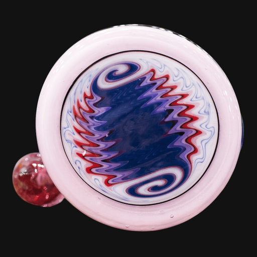 710 Pipes Smoke Shop Blossom Glass Full Color Rig (Purps) with blue, purple, and red swirls and a pink base.