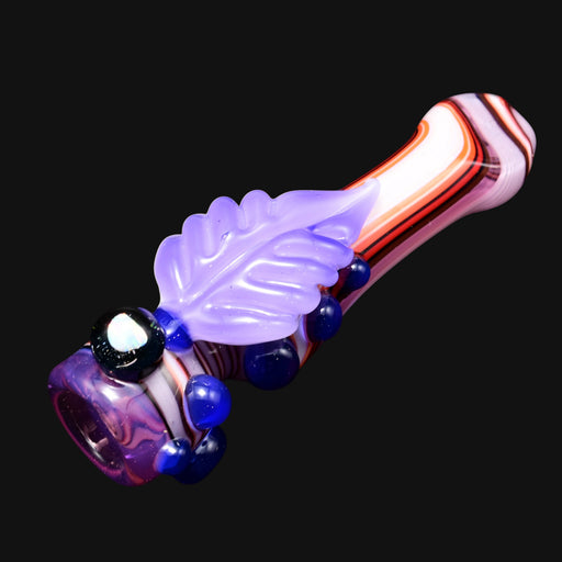 710 Pipes Smoke Shop Blossom Leaf Hitter pipe with purple leaf accent, blue berries, and swirled pink, purple, and red glass.