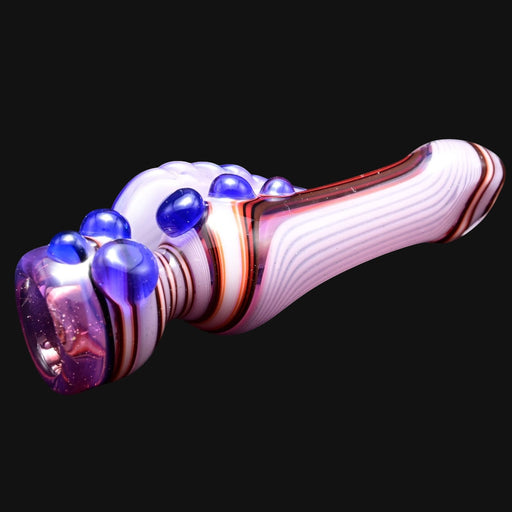 710 Pipes Smoke Shop Blossom Leaf Hitter pipe with purple and blue glass marbles and white, red, and black stripes.
