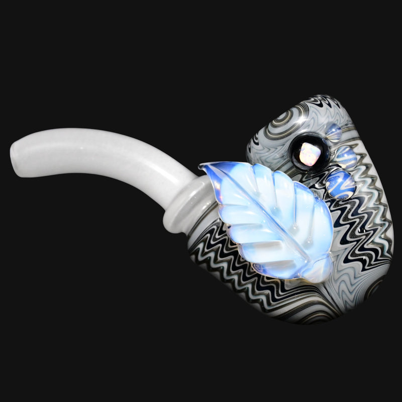 710 Pipes Smoke Shop white satin blizzard Sherlock pipe with a blue opalescent leaf design and black swirl glass.