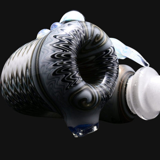 710 Pipes Smoke Shop Blossom Leaf Sherlock pipe in white satin blizzard glass with black and grey swirls and blue accents.