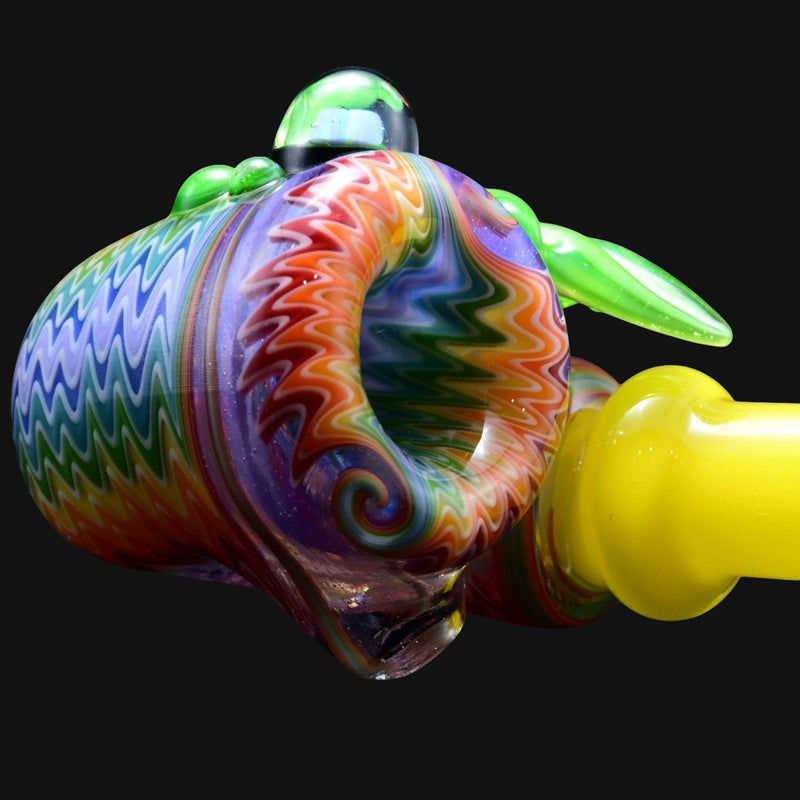 710 Pipes Smoke Shop Blossom Leaf Sherlock pipe with rainbow swirl glass and green accents.