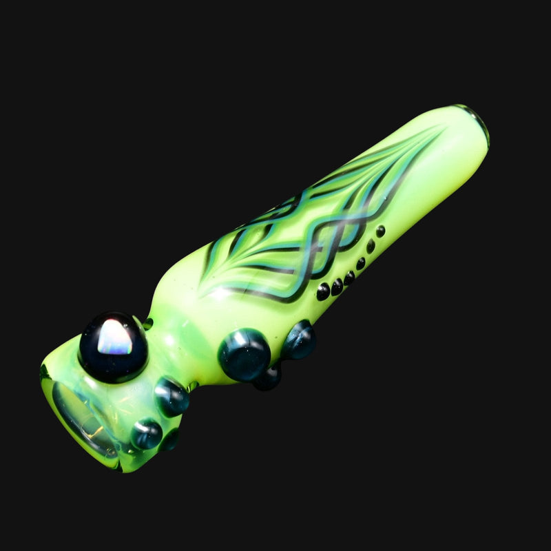 710 Pipes Smoke Shop Blossom Pinstripe Hitter hand pipe in lime green with blue and black pinstripe design and dark blue glass accents.
