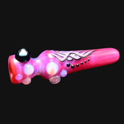 710 Pipes Smoke Shop Blossom Pinstripe Hitter in pink glass with iridescent swirls, raised glass dots, and black pinstripe details.