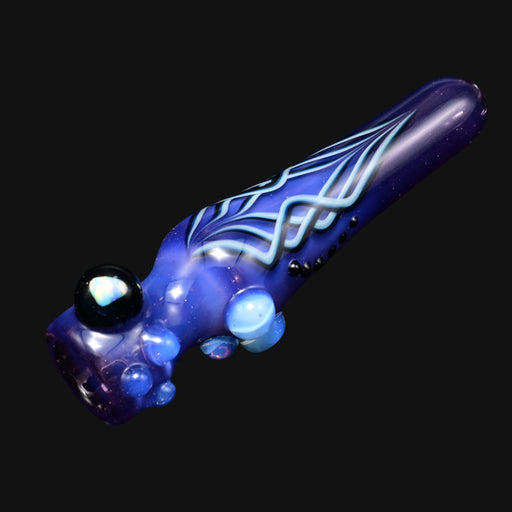 710 Pipes Smoke Shop Blossom Pinstripe Hitter glass pipe in Witch's Potion purple with blue swirls and bubble accents.