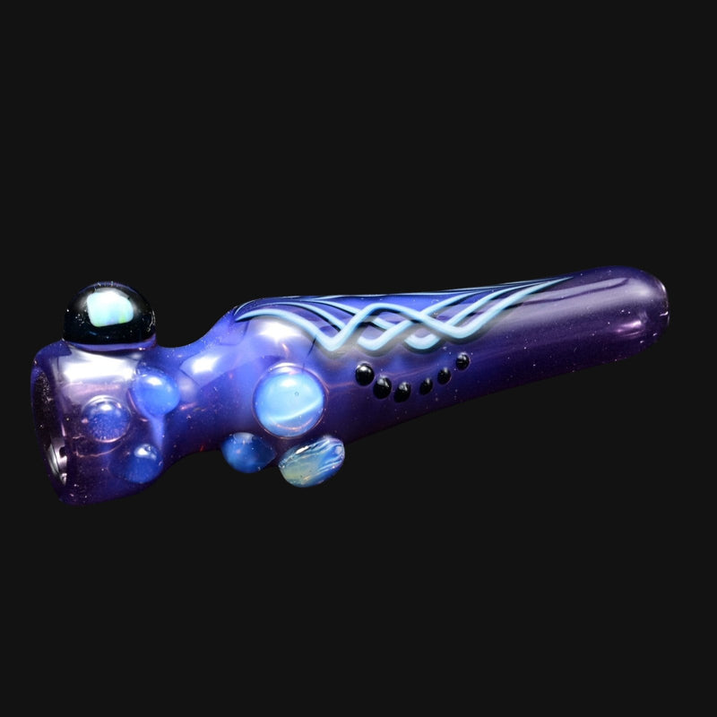 710 Pipes Smoke Shop Blossom Pinstripe Hitter in Witch's Potion purple glass with blue swirls and raised glass accents.